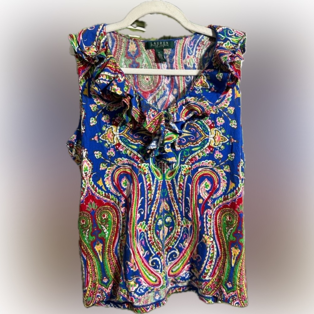 Ralph Lauren Cotton Ruffle Collar Paisley Floral Top Petite